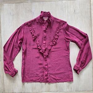 Vintage Joseph Magnin Burgundy Silk Ruffle Blouse High Neck Button Top Size 8